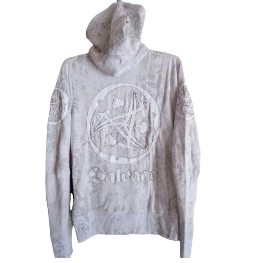 NIP Buckle Salvage Sun Spade Leather Patch Zip Front Hooded Lt Gray Kharma